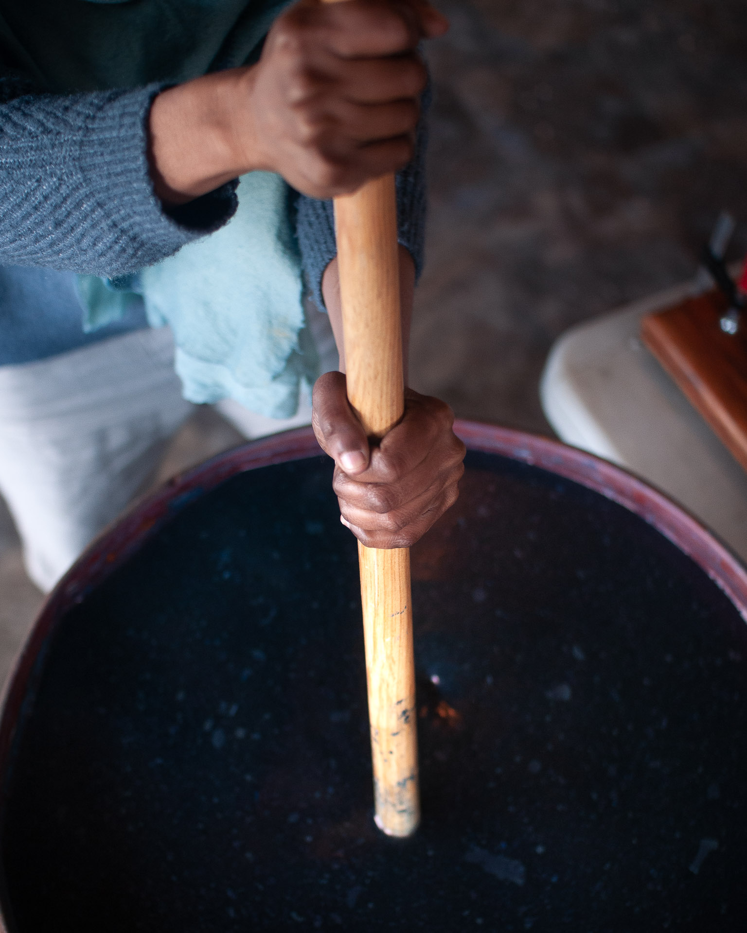 indigo vat being stirred for reduction